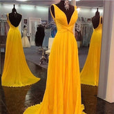 Yellow Prom Dresses Backless Prom Gown Open Back Evening Dress Chiffon Prom Dress Sexy Evening Gowns Yellow Formal Dress Wedding Guest Prom Gowns Y992