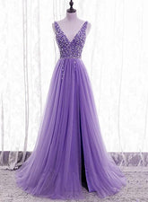 Purple Beaded V-neckline Tulle Sparkle Party Dress Evening Dress Purple Tulle Prom Dress Y1008