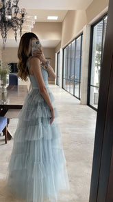 Elegant Blue Sleeveless Tulle Long Prom Dress Generous A-line V Neck Pink Evening Dress Y1076