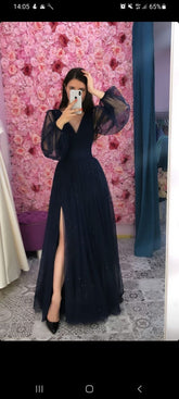 Women's Navy Blue Prom Dress With Puffy Sleeves,Elegant V Neck Long Evening Dress Y1083