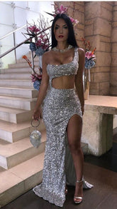 silver prom dress sequin prom dresses evening gown Y1036