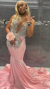 Elegant Deep V Neck Mermaid Evening Dress Pink Prom Dress For Black Girls Y797