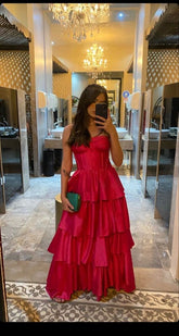 Generous A-line Tiered Satin Evening Dress Graduation Dress Y1048