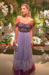 A Line Tulle Prom Dresses With Beading Off the Shoulder Evening Dresses Y1102