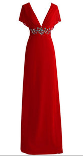 Sexy deep v-neck red evening dress chiffon crystal back formal evening dress gown Y1005