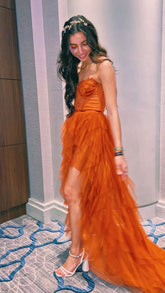 Tiered Tulle Ruffles A-line Sweetheart Long Prom Dresses Evening Dress Y1117