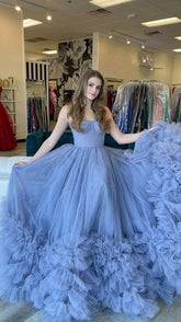 Charming Blue Strapless Tulle Evening Dress With Bottom Ruffles Generous Blue Evening Gown Y812