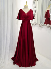 Dark Red Satin A-line Floor Length Evening Dress, Wedding Guest Dresses Y1439