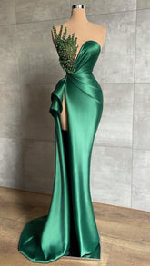 Plunging V-Neck Beads Long Formal Evening Dress Emerald Green Evening Gown High Split Y596