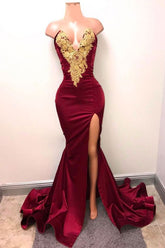 Vestido de fiesta de sirena burdeos con encaje dorado, vestido de noche largo burdeos, vestidos de fiesta sexys Y552