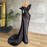 Schwarzes Satin-Ballkleid mit Plissee-Abendkleid, Dubai-Partykleid Y664
