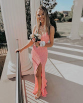 Pink Sequin Long Evening Dresses With Cross Back Y625