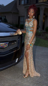 Vestido de noche de sirena de lujo con cristales y abertura lateral, sexy, Y547