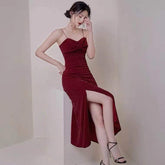 Wine red party dress spaghetti straps evening dress high slit prom dress backless formal dress custom made Y1140