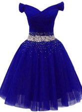 Charming Royal Blue Tulle Party Dress Beaded Short Homecoming Dress Y675