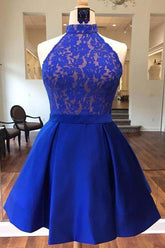 Royal Blue Halter Satin Short Prom Dresses Homecoming Dresses PD161