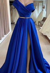 Royal Blue Long A-line One Shoulder Satin Prom Dresses with Slit