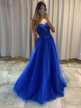 Royal Blue Long A-line Sweetheart Tulle Lace Formal Prom Dresses