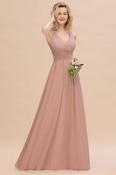 Ruffles V-Neck A-line Dusty Pink Bridesmaid Dresses | Sleeveless Floor-Length Evening Dresses