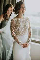 Scoop Neck Open Back Lace Long Sleeves Wedding Dresses with Split WD473