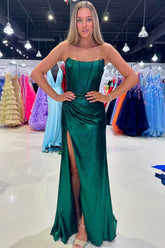 Serilda | Dark Green Strapless Sheath Satin Long Prom Dress With Split