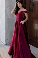 Sexy Long A-line V-neck Off-the-shoulder Backless Velvet Prom Dress With Pockets