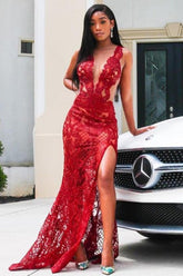 Sexy Long Mermaid Bateau Lace Burgundy Prom Dress With Slit