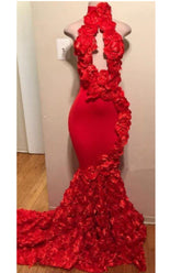 Sexy Long Mermaid Flowers High Neck Red Prom Dresses