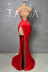 Sexy Long Red Mermaid Beading Sleeveless Prom Dress With Slit