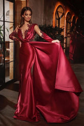 Sexy Mermaid Long Sleeves Burgundy Prom Dress with Ruffles