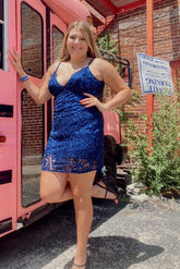 Sexy Royal Blue V-neck Spaghetti Straps Sleeveless Short Homecoming Dresses