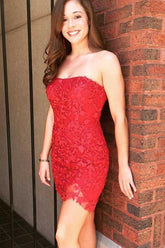 Sexy Strapless Tight Red Lace Short Prom Dress Homecoming Dress PD394