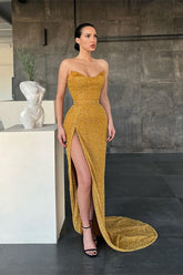 Sexy Yellow Sleeveless Mermaid Prom Dress With Side Slit