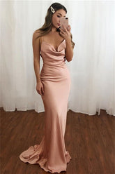Sheath/Column Spaghetti Straps Satin Ruched Sleeveless Prom Dresses