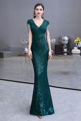 Shining Sequins Emerald Green Mermaid Evening Party Gown with Tassels Sleeves