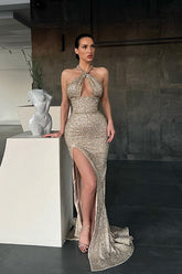 Shiny Halter Slim Prom Dress with Side Split & Sweep Train