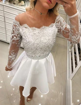 Short A Line White Lace Long Sleeves Chiffon Prom Dresses
