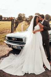 Simple A-line Satin Sleeveless Wedding Dress With Side Slit