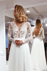 Simple A Line V Neck Ivory Lace Long Sleeves Split Wedding Dresses WD481
