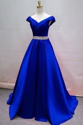 Simple A-line V-neck Satin Long Prom Dress With Crystal Sash