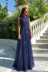 Simple Long A-line Bateau Sequin Prom Dress