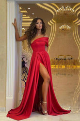 Simple Long A-line One Shoulder Satin Red Prom Dress with Slit