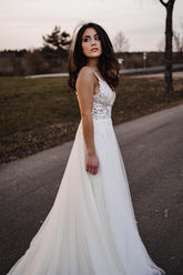 Simple Long A-line V-neck Tulle Backless Wedding Dress