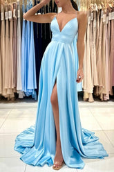 Simple Long Blue A-line V-neck Sleeveless Satin Evening Dress With Slit