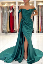 Simple Long Dark Green Off-the-shoulder Slit Mermaid Prom Dresses
