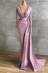 Simple Long V-neck Lace Mermaid Prom Dress with Sleeves