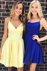 Simple Spaghetti Strap Yellow/Royal Blue Short Homecoming Dress PD275