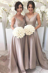 Simple V-neck Sleeveless High Low Sweep Train Silver Bridesmaid Dress BD061