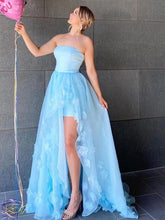 Sky Blue High Low A-line Strapless Tulle Lace Formal Prom Dresses with Slit