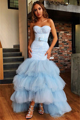 Sky Blue High Low Strapless Tulle Mermaid Prom Dress